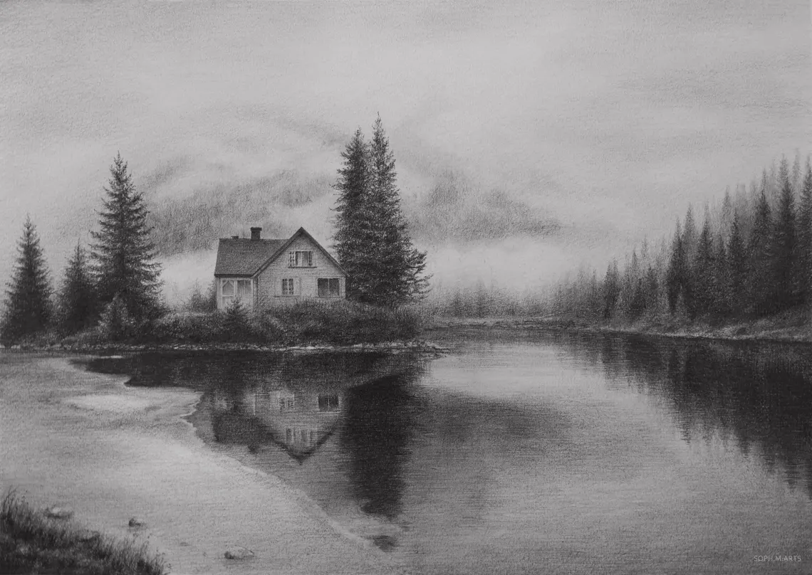 Misty Lakeside Cabin Drawing