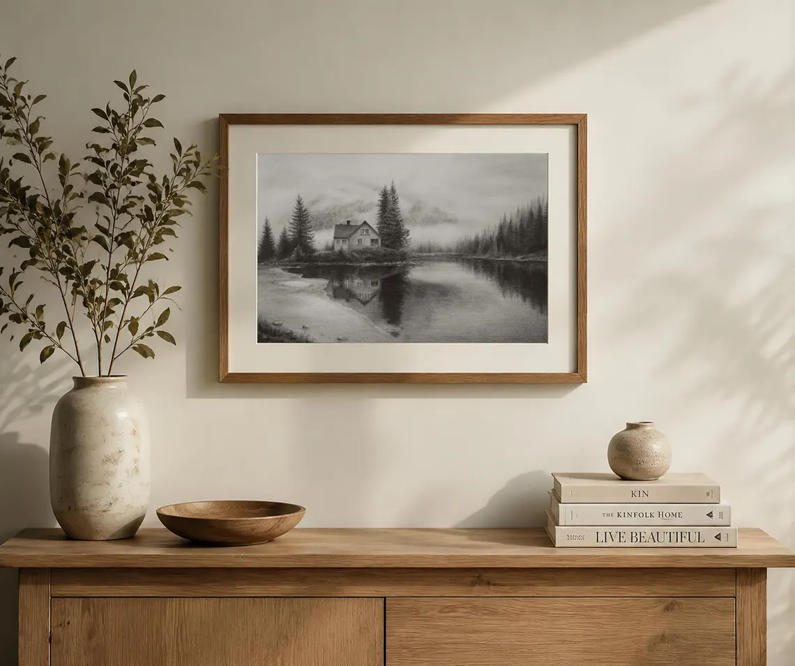 Misty Lakeside Cabin Drawing