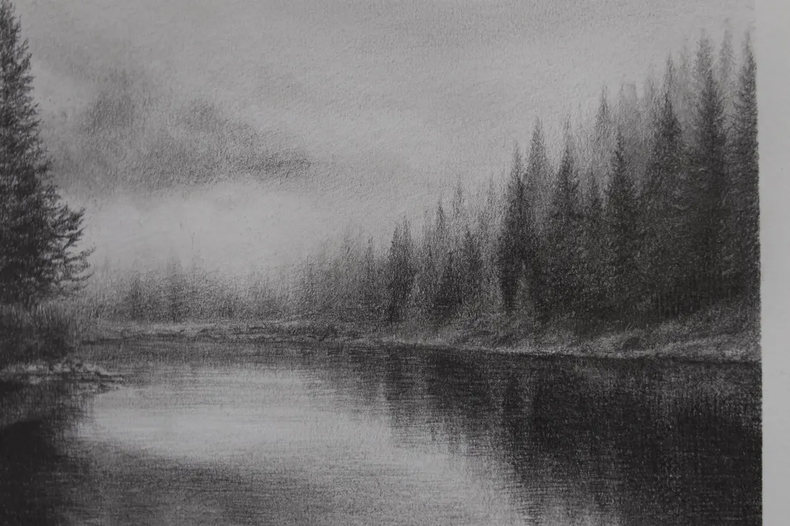 Misty Lakeside Cabin Drawing