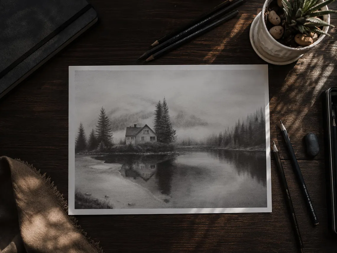 Misty Lakeside Cabin Drawing