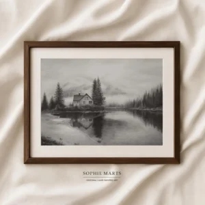 Misty Lakeside Cabin Drawing