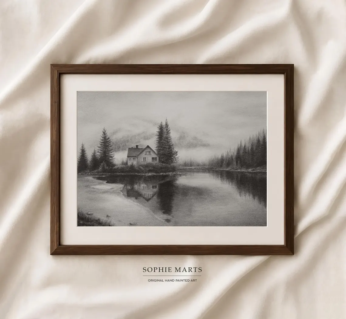 Misty Lakeside Cabin Drawing