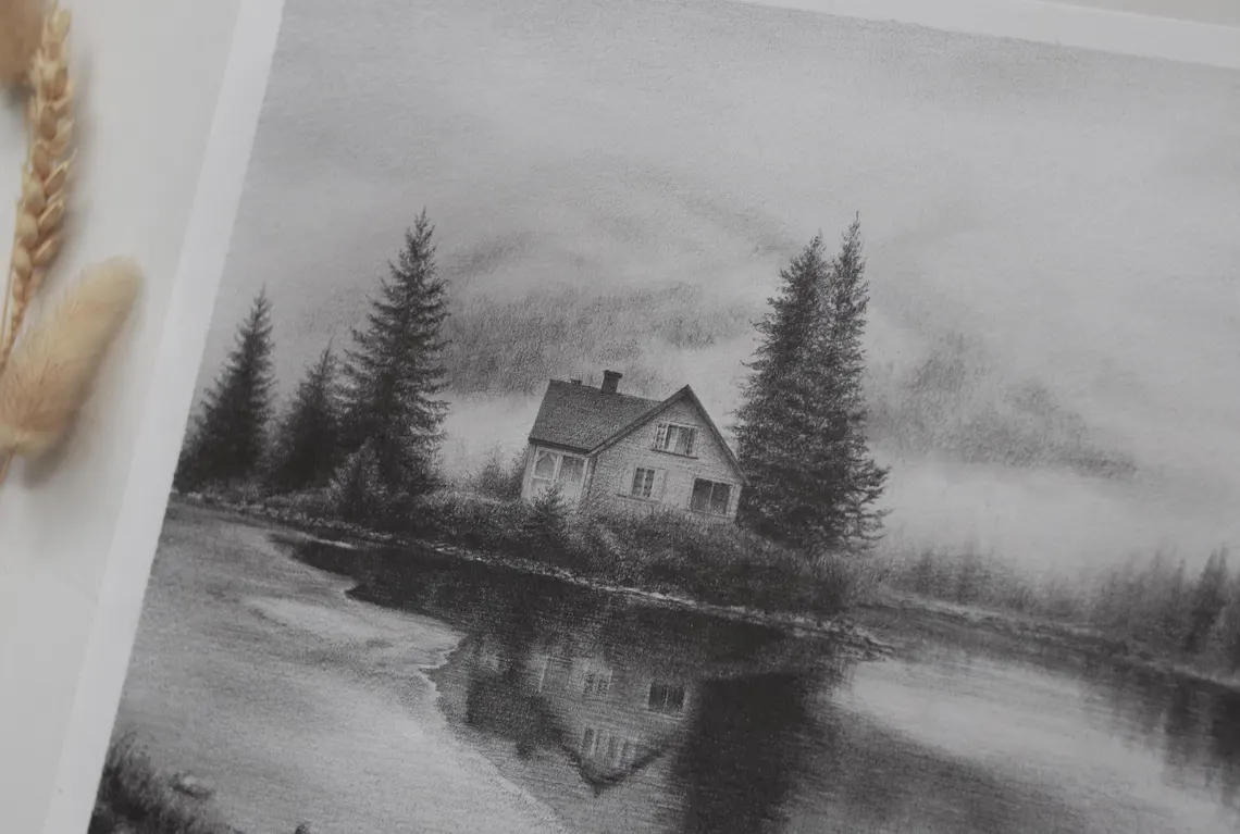 Misty Lakeside Cabin Drawing