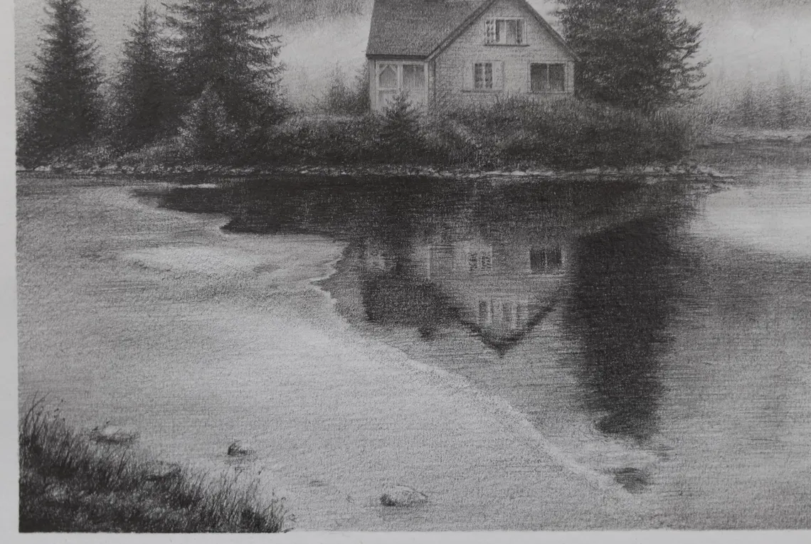 Misty Lakeside Cabin Drawing